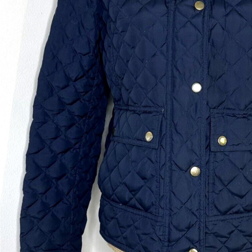 J Crew Quilted Puffer Down Jacket Womens Sz XS Corduroy Collar Navy Blue Gold - Picture 10 of 13